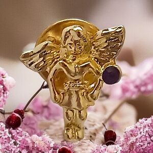 Vintage Angel On My Shoulder Lapel Pin Cherub Guardian Gold Tone Red Rhinestone